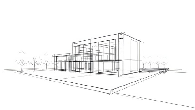 Fototapeta Architectural sketch of a modern house with a minimalist design and large windows, outdoors.