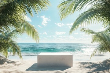 A scenic beachfront with palm trees and ocean waves under blue skies