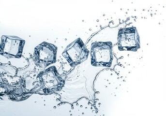 Ice cubes splashing in water creating a refreshing and cool effect on a white background scene here
