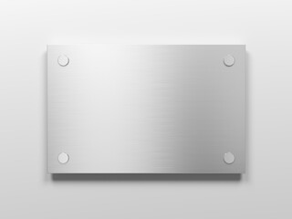 Blank brushed metal nameplate isolated on light gray background. Copy space. 3d illustration.