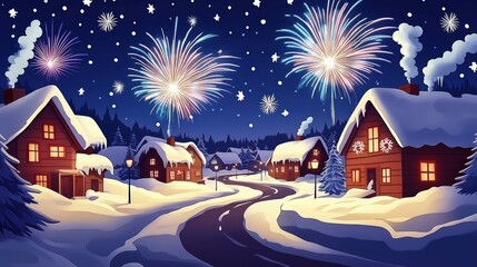 Naklejka premium Snowy night village fireworks celebration: the warm snow cottage is full of festive atmosphere against the background of fireworks
