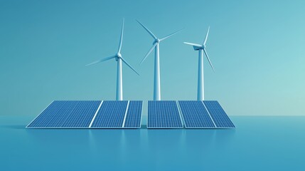 The wind turbines and solar panels on the blue background symbolize clean energy and sustainable development.