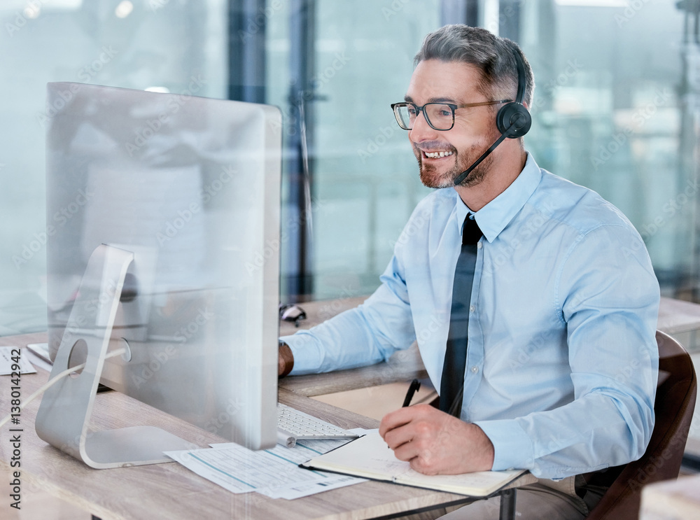 Poster customer service, call center and happy man on computer for talking, online help and consulting. cor