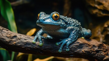 A vibrant blue frog perched on a wooden branch in its habitat.