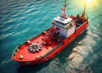 Aerial View Red Offshore Supply Vessel Helipad Crane - Stock Photo