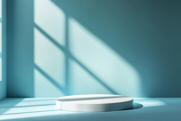 minimalist display platform on blue background with soft shadows