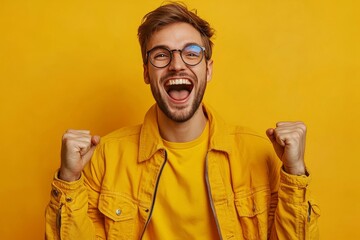 Winning success man happy ecstatic celebrating being a winner. Dynamic energetic image of male model, Generative AI