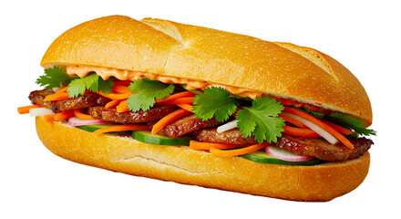 Close up of a banh mi sandwich with meat, vegetables, and cilantro on a baguette against black background