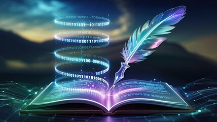 Digital Ink: A book, a quill and a futuristic digital stream flowing upward, reflecting the magic of writing and the fusion of knowledge and innovation