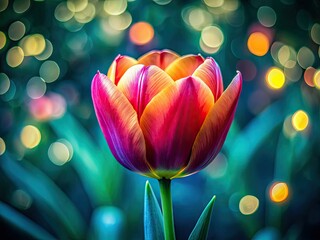 Night-blooming tulip, a close-up macro revealing vibrant details against a dark green backdrop.