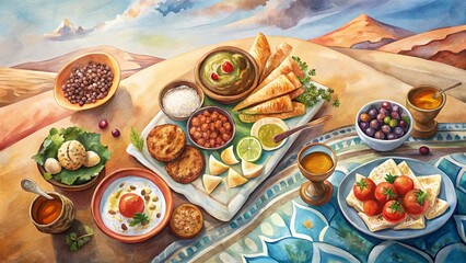 Fototapeta premium Aerial Watercolor View of Arabic Food Feast, Drone Photography