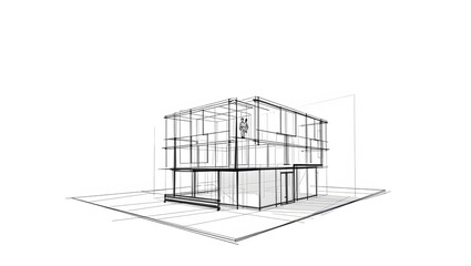 A detailed architectural sketch of a modern house, with a focus on minimalist design and clean lines.