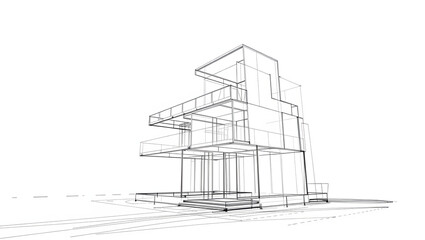 A detailed black and white sketch depicts a modern, multi-story building on a white background.