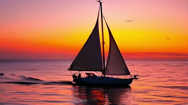 Sunset sailboat and yacht silhouette on the water with vibrant orange sky