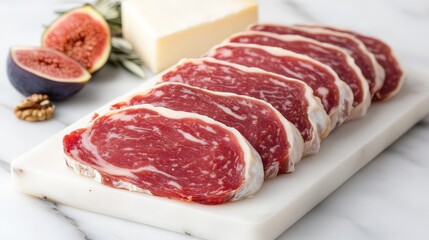 Fototapeta premium Savor the exquisite blend of flavors with a gourmet platter featuring duck prosciutto and figs