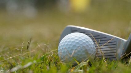 Golf ball and golf club in beautiful golf course at sunset background.