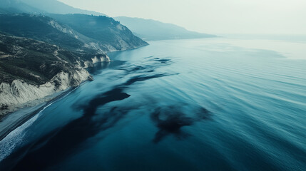 Fototapeta premium Ocean surface with oil spill near coastal cliffs