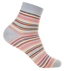 A single ankle-length sock featuring a vibrant striped pattern in multiple colors with grey accents on the cuff, heel, and toe, displayed on foot mannequin isolated on a white background
