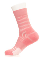 Pink athletic sock with reinforced toe and heel on mannequin foot