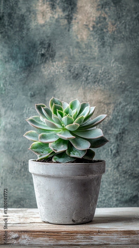 Poster a vibrant succulent plant displays its intricate leaves in a charming grey pot, resting on a rustic 