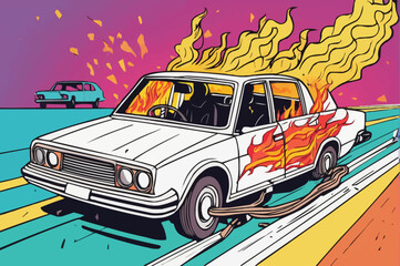 A man in a deep trouble in a car accident with fire and broken car