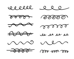 Underlines set, hand drawn marker pen strokes. Doodle style collection wavy curly various strips art lines.Isolated.Vector illustration