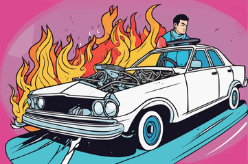 A man in a deep trouble in a car accident with fire and broken car