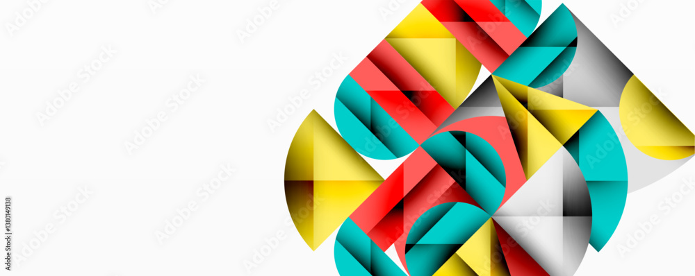 Poster abstract geometric shapes overlap. bright colorsred, yellow, turquoise, graycreate dynamic compositi