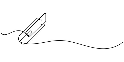Obraz premium One continuous line drawing of cutter . Single line of cutter vector illustration, One single line drawing of man holding cutter knife. Handyman tools concept. Continuous line draw vector design. 
