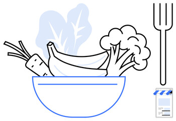 Bowl with banana, carrot, broccoli, leafy greens, complemented by oversized fork and storefront. Ideal for health, nutrition, fresh produce, organic food vegetarian lifestyle diet plans and local