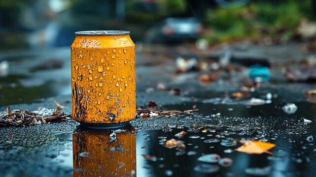 Wet discarded soda can in a puddle on city street