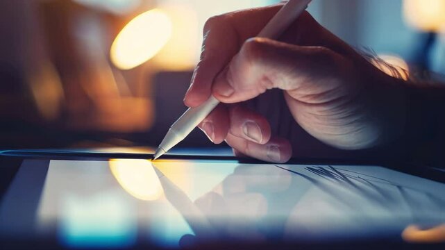 Digital Creativity Unveiled: A focused hand delicately guides a stylus across a tablet screen, symbolizing the fusion of digital art and technology.