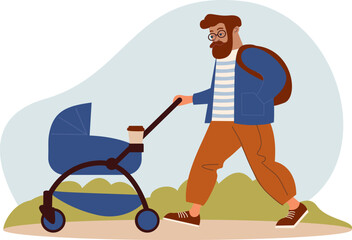 Young Active Dad Walking with Baby Stroller.