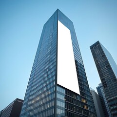Obraz premium Modern skyscraper with an empty billboard on the side, advertising space in a city. The building has glass windows reflecting the sky