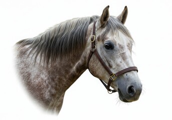 Obraz premium Close up portrait of a light gray horse with a brown leather bridle on a white background outdoors