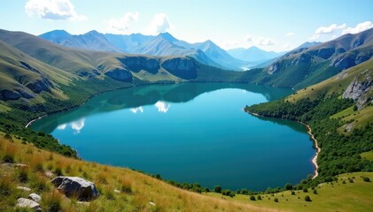 Irregular shaped lake with winding shoreline amongst hills, pattern, nature, natural