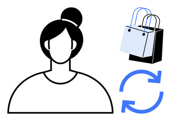 Woman with bun hairstyle next to shopping bags and refresh arrow. Ideal for retail, shopping, sustainability, customer satisfaction, circular economy, e-commerce, consumer behavior. Blue black