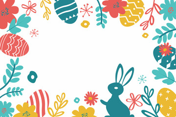 Happy Easter frame, festive background with colorful eggs and flowers. Easter eggs, flowers and leaves on white background for design. Vector illustration for Easter.