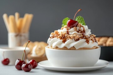 Delicious Banana Split with Whipped Cream and Cherries on a White Background