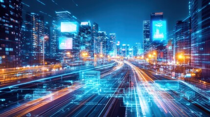 Futuristic Cityscape with Digital Overlays