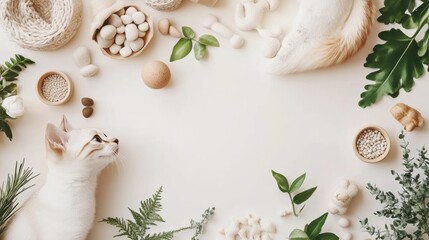 Fototapeta premium Pet product flat lay featuring natural elements on a neutral surface perfect for e-commerce showcasing