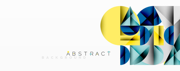 Geometric shapes, yellow circle, blue triangles, white lines. Modern design, abstract composition, clean aesthetic. Minimalist style, bright colors, dynamic pattern.