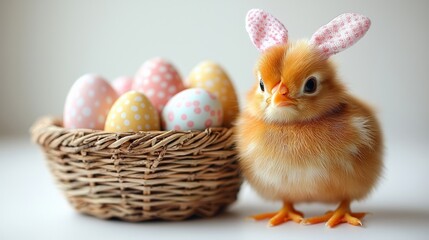 Adorable Baby Chick in Bunny Ears Next to a Colorful Easter Basket