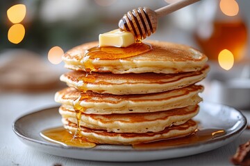Stack of fluffy pancakes being drizzled with sweet golden syrup