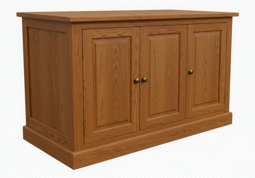 A wooden cabinet with three doors and brass knobs sitting on a white surface in a studio setting