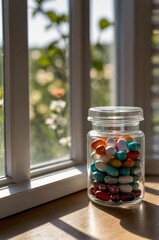 Colorful candy jar sits on a sunny windowsill surrounded by greenery in a cozy indoor setting