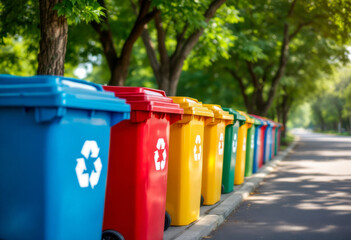 Colorful recycling bins lined up on a sunny tree-lined street