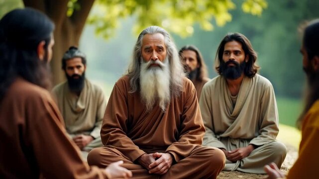 Indian guru or sadhu surrounded by his disciples
