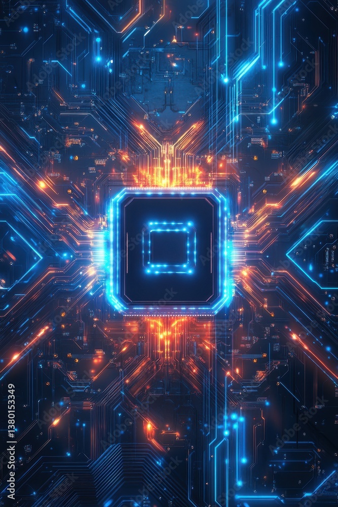 Wall mural futuristic digital microchip with glowing circuitry in virtual sci-fi environment