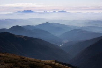 fog in Carpathian mountains, amazing nature background, border Ukraine and Romania, Marmarosy range, Transcarpathian region, near Rahiv, Europe